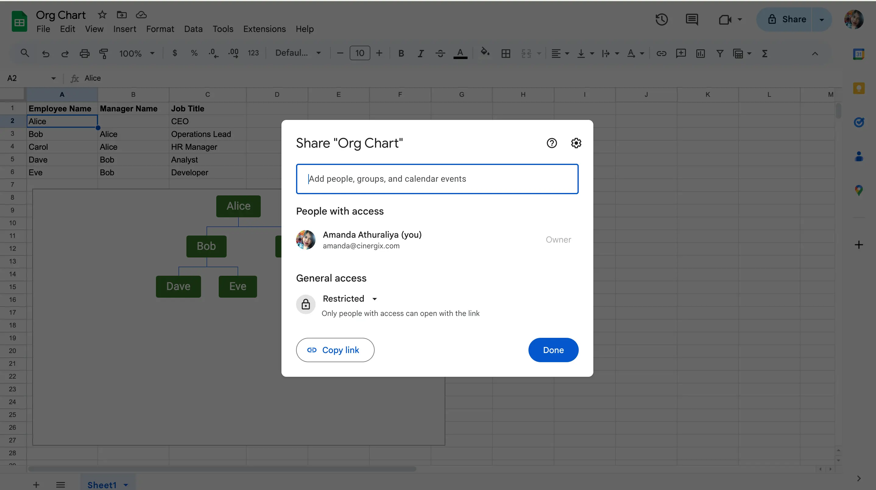 Share the Google Sheet - how to make an org chart in google sheets